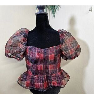 Francesca’s Audrey Parks Plaid Puff Sleeve Sheer Crop Top Size Large